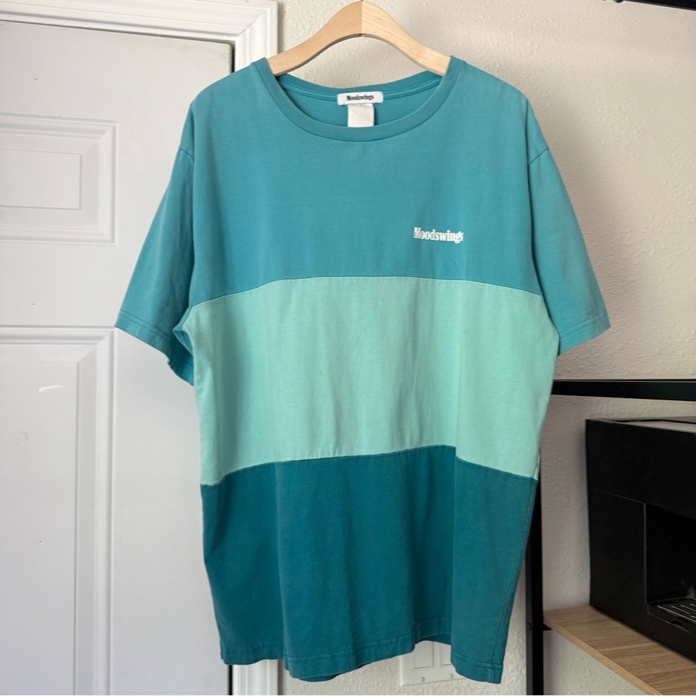 MOODSWINGS blue teal seafoam‎ mint colorblock striped boxy oversized crew tee